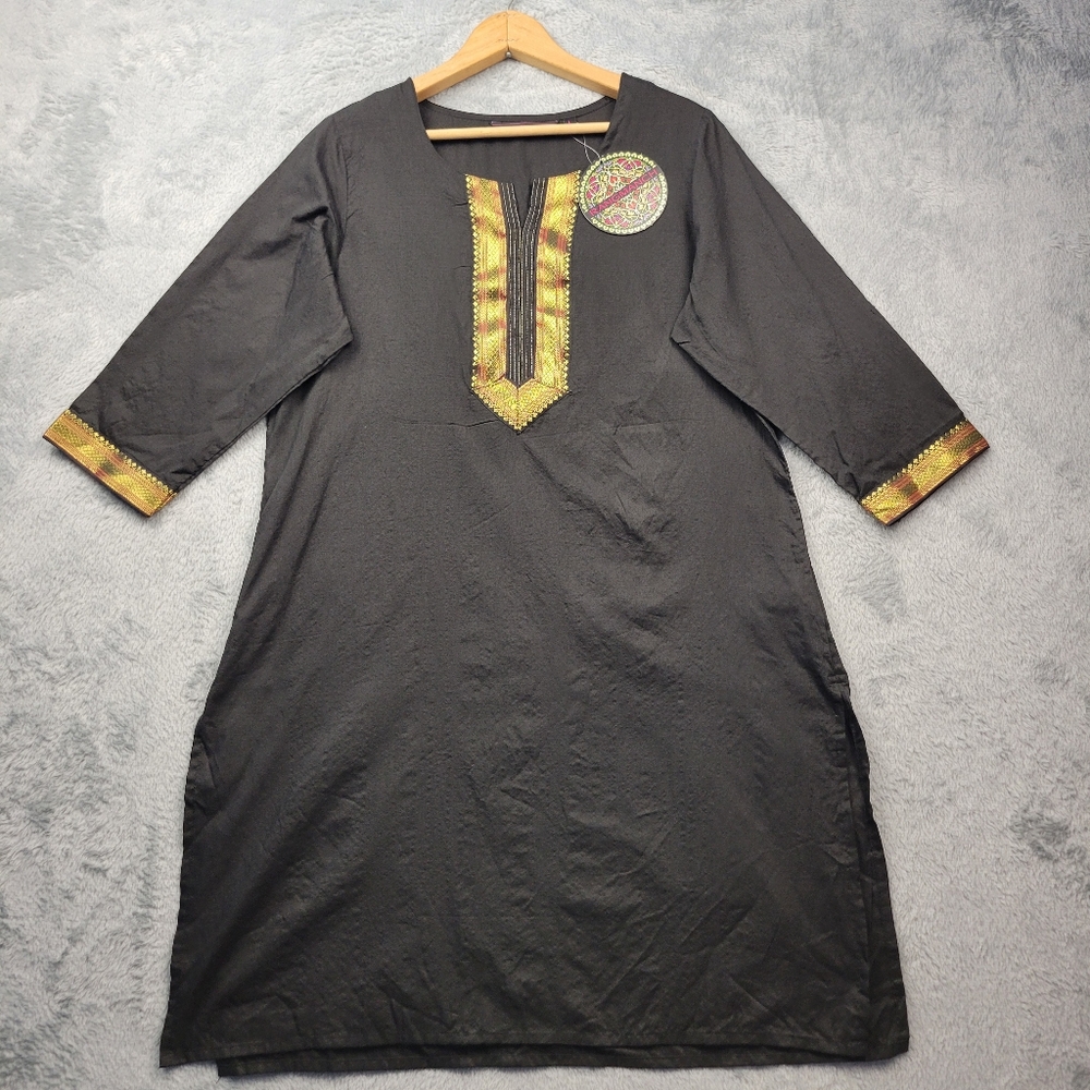 Rangmanch Womens Dress Size Large Black Gold Boho Handwoven Ethno Contemporary